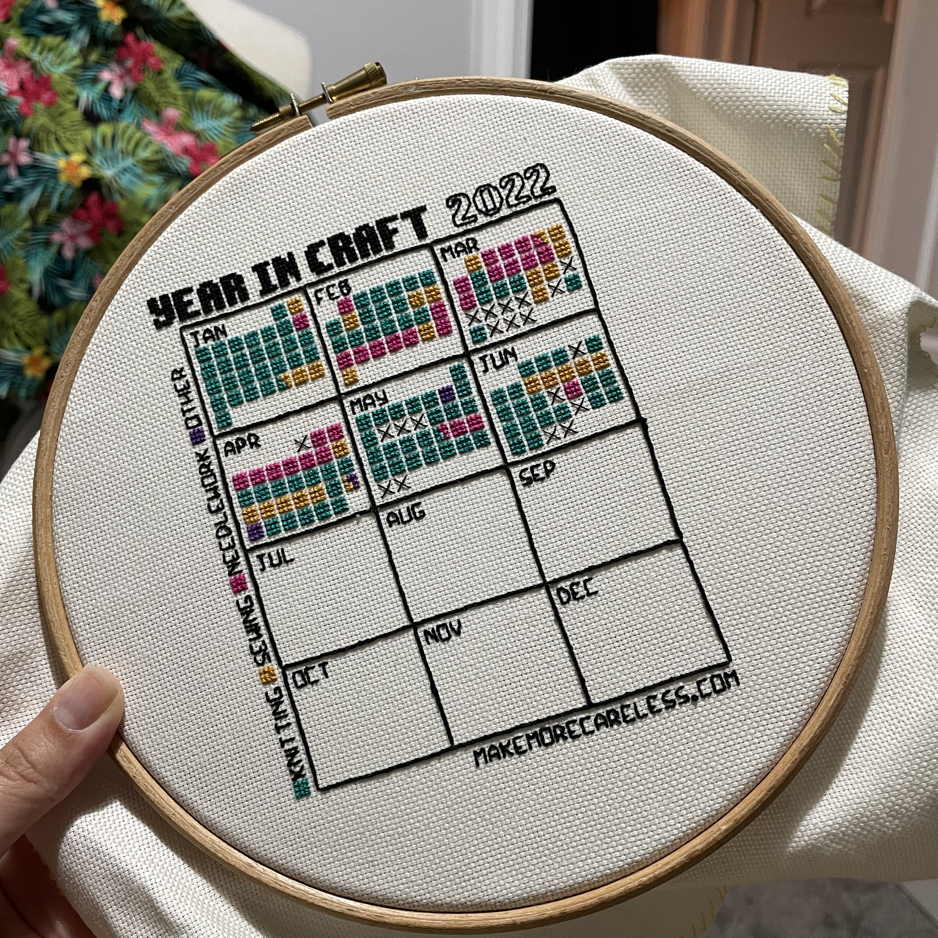 The stitched calendar from the previous picture half-filled with green, pink, and yellow squares to indicate which craft was done on which day - knitting, sewing, or needlework